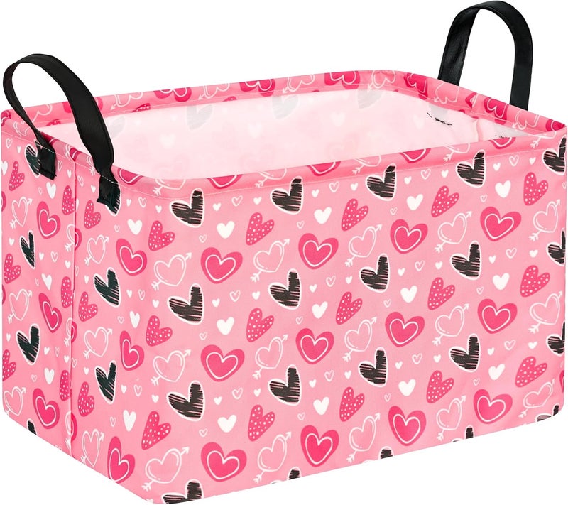 KUNRO Rectang Heart Valentine's Storage Basket Gift Shelf Basket Storage Bin, Nursery Basket Organizer Box for With Handles for Room Deco - Image 1
